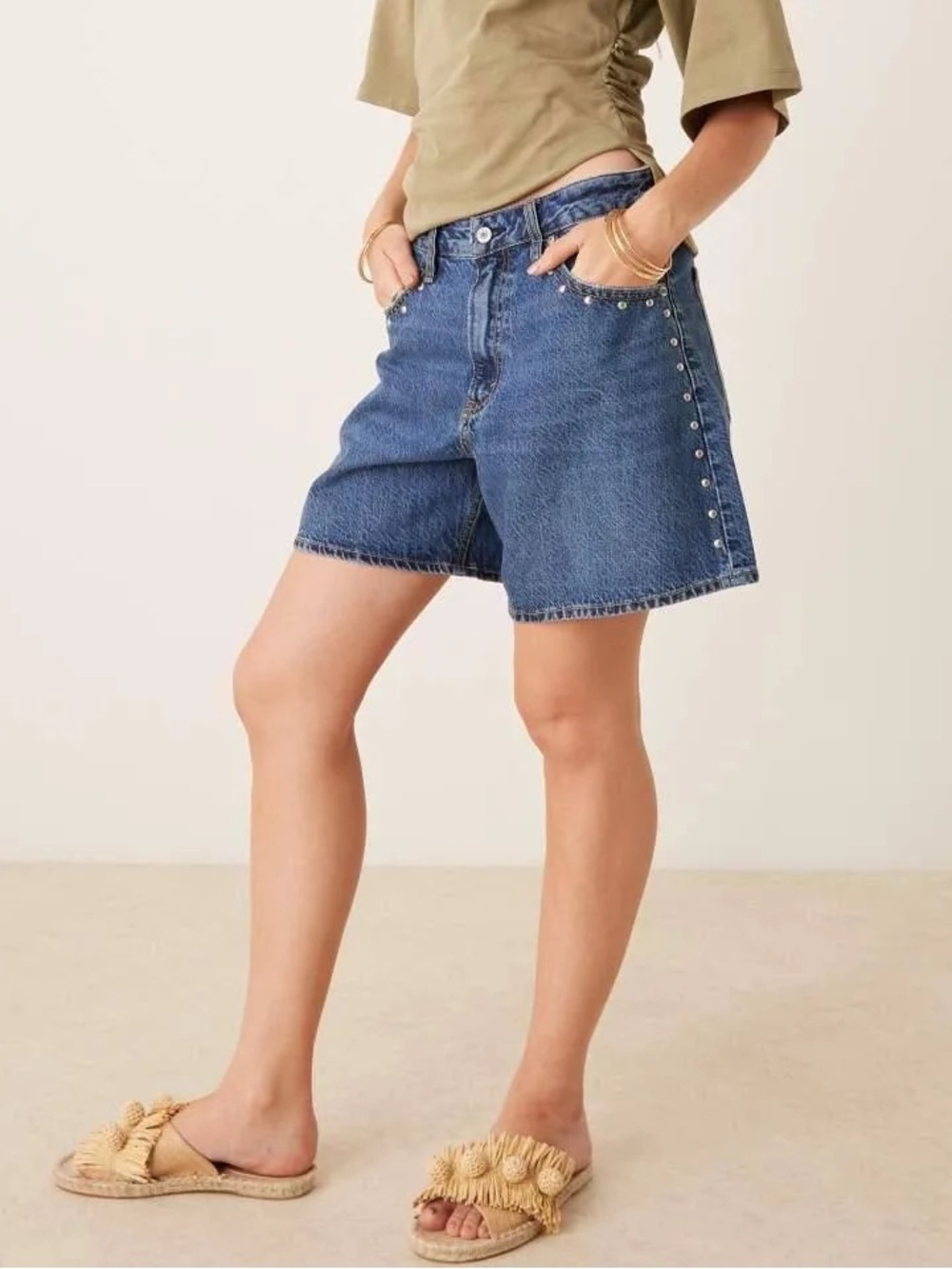 Abercrombie & Fitch Medium Blue Stud-Accent High-Rise Denim Shorts